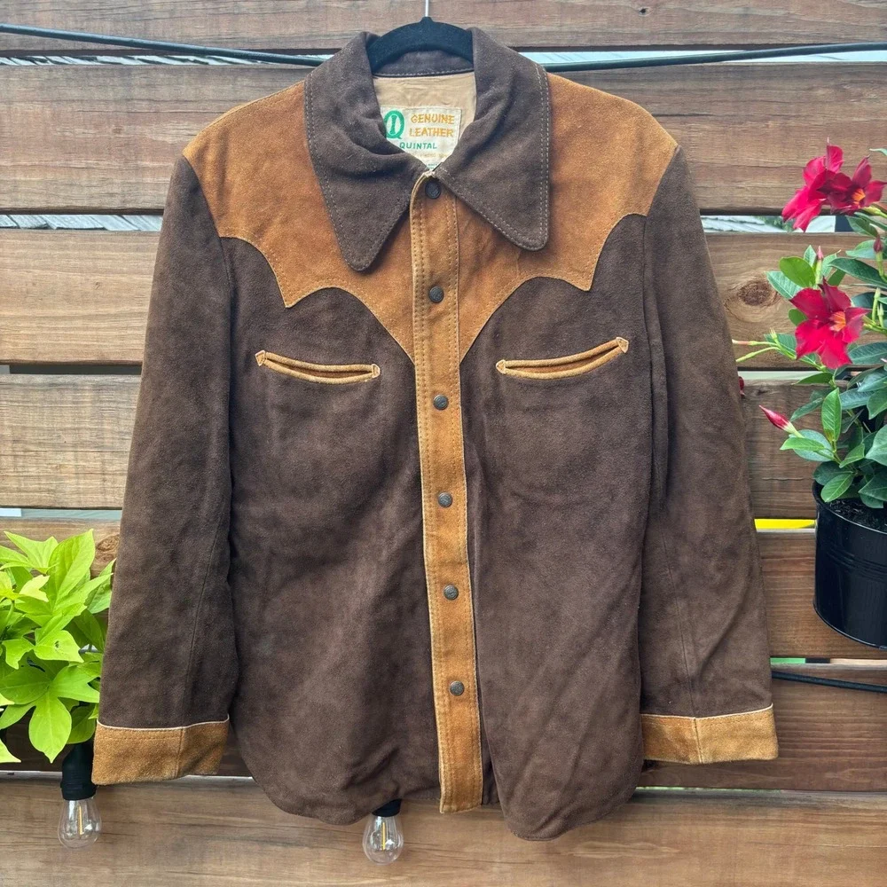 Quintal Suede Western Jacket Mens 40 Brown Tan Vintage Cowboy Scalloped Yoke